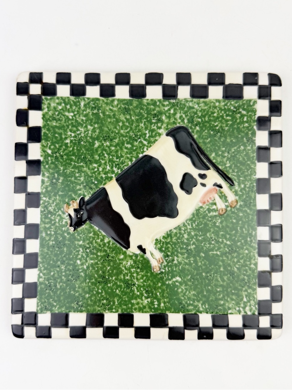 Sakura Oneida Warren Kimble Cow Checkered Square Trivet Tile Farm Rustic Vtg 7”